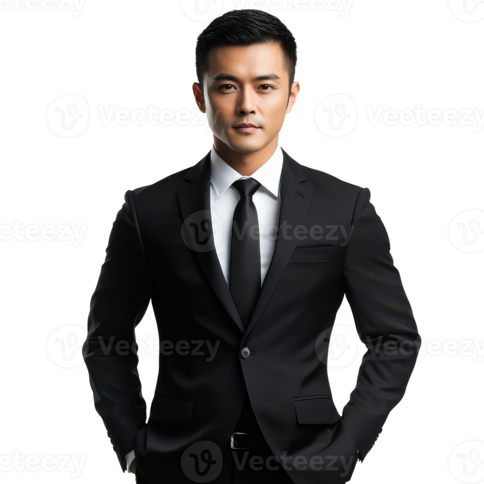 Confident Asian Businessman in Black Suit for Professional Use on Transparent Background png