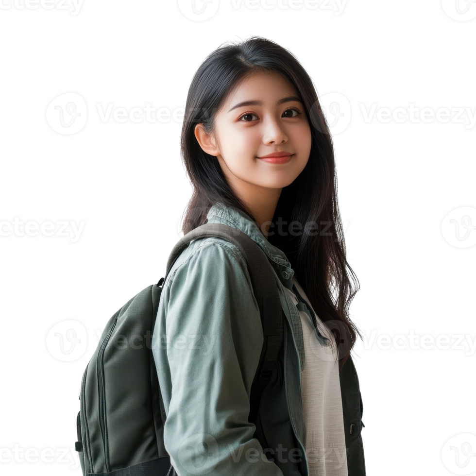 Asian Female University Student Carrying a Backpack on Campus on Transparent Background png