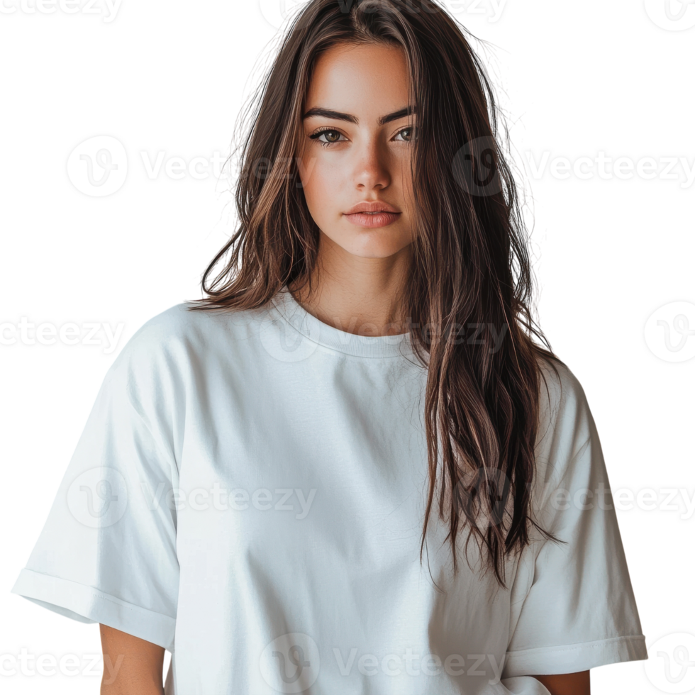 Fashionable Look of a Woman in an Oversized White T-Shirt on Transparent Background png