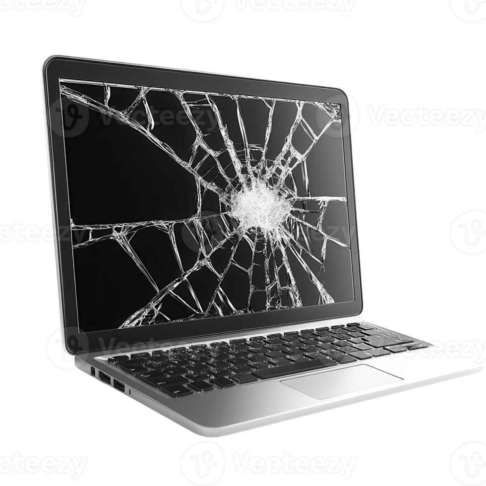 Broken Laptop Screen with Cracked Display for Repair and Technology Use on Transparent Background png