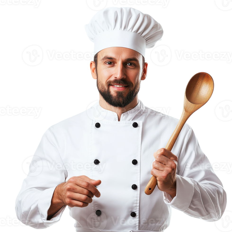 Chef in White Uniform and Hat Holding a Wooden Spoon on Transparent Background png