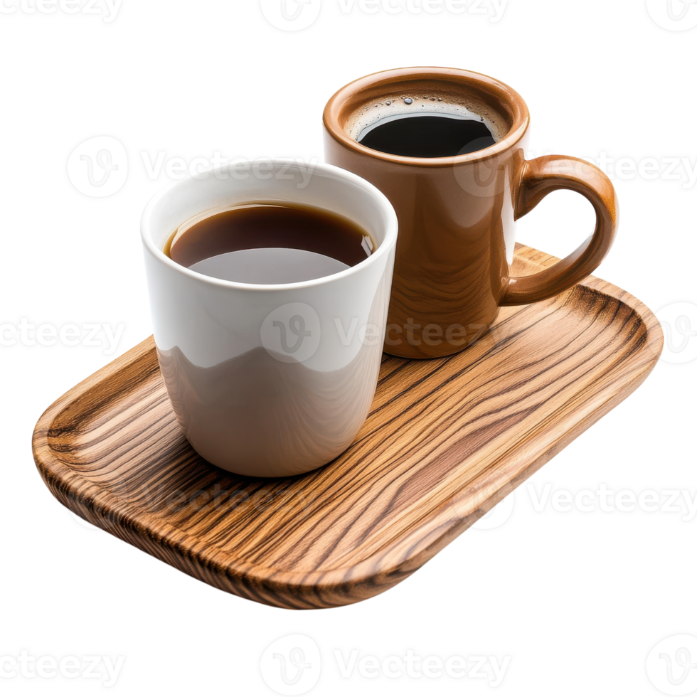 Coffee Cup and Mug on Wooden Tray for Creative Projects on Transparent Background png