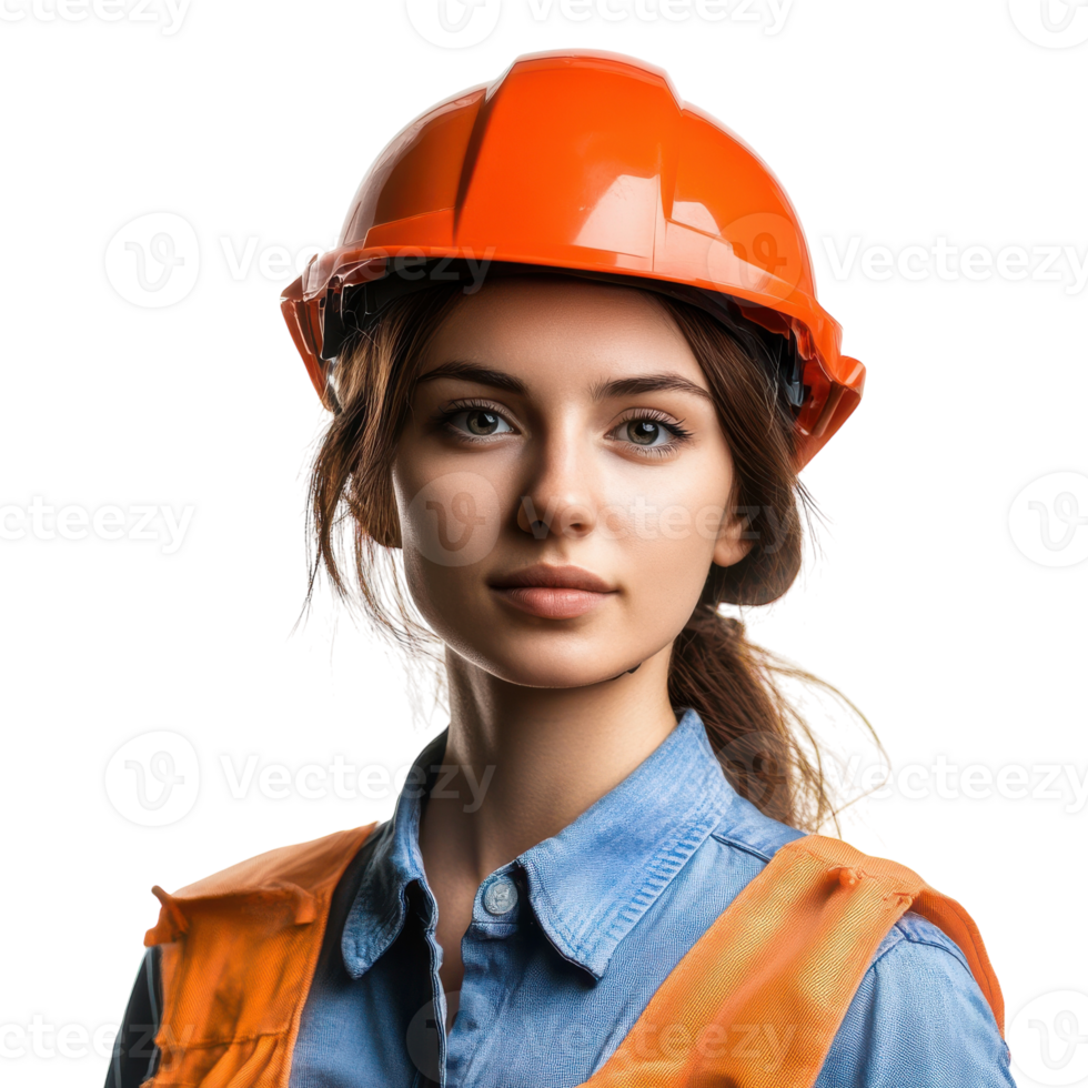 Female Engineer Wearing Safety Helmet in Industrial Setting on Transparent Background png