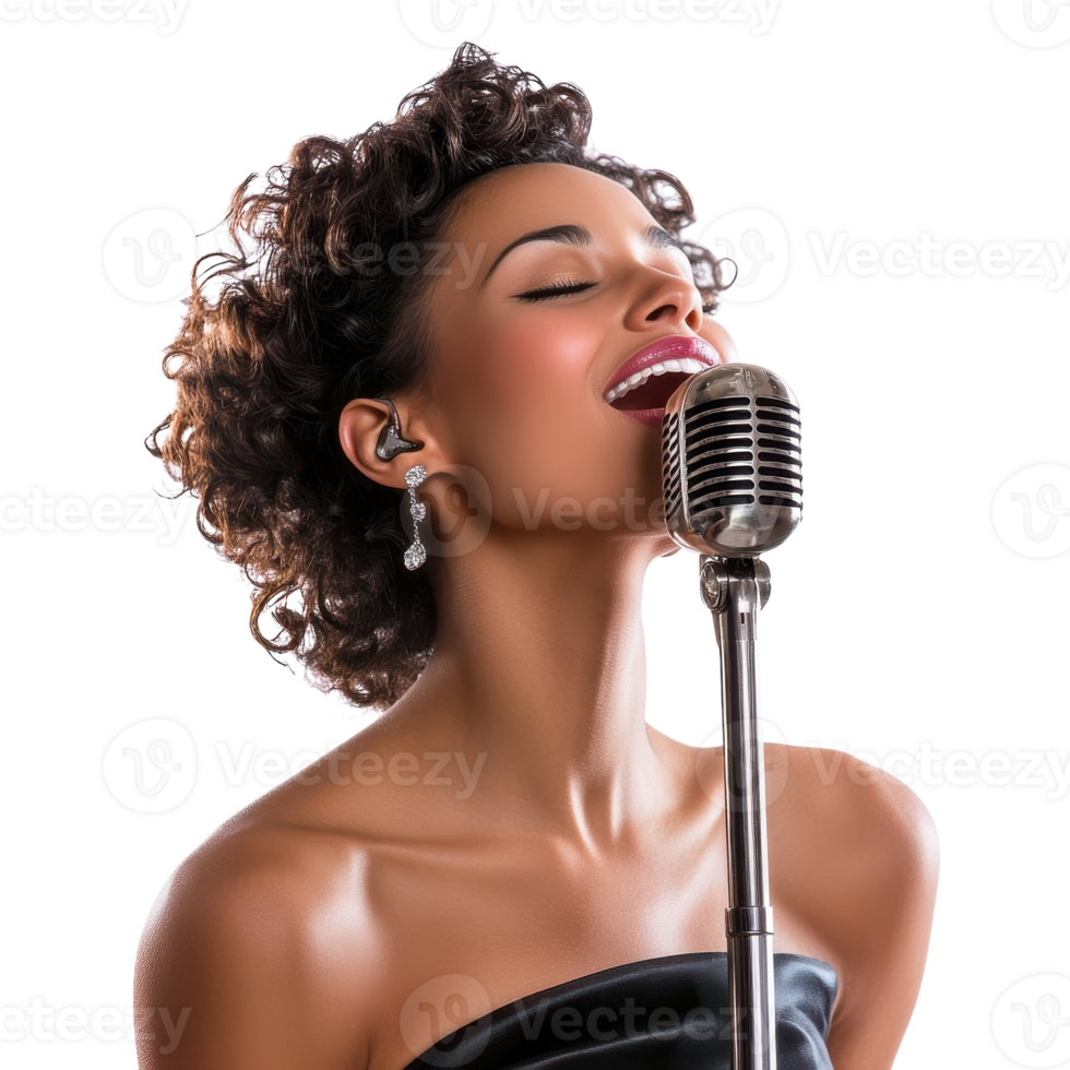 Female Singer with Microphone Isolated on White Background for Music Promotion on Transparent Background png