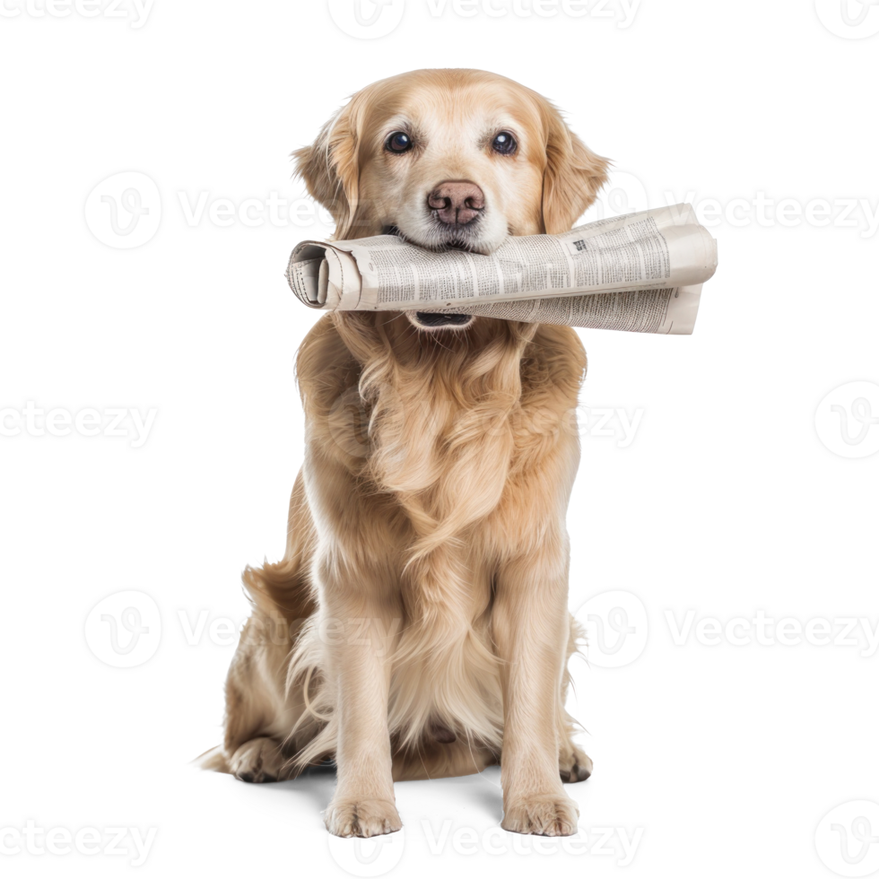 Dog with newspaper in his mouth, full body standing isolate on transparent background png