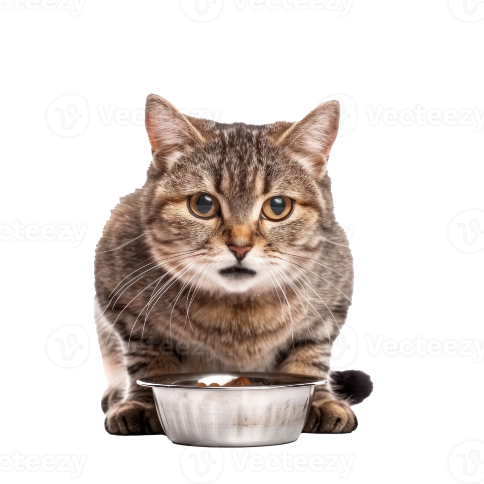 Cat holding food bowl with his mouth, full body isolate on transparent background png