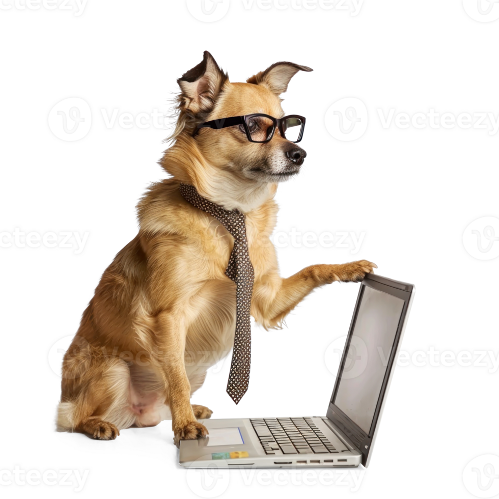dog wearing glasses and tie using laptop, full body standing isolate on transparent background png