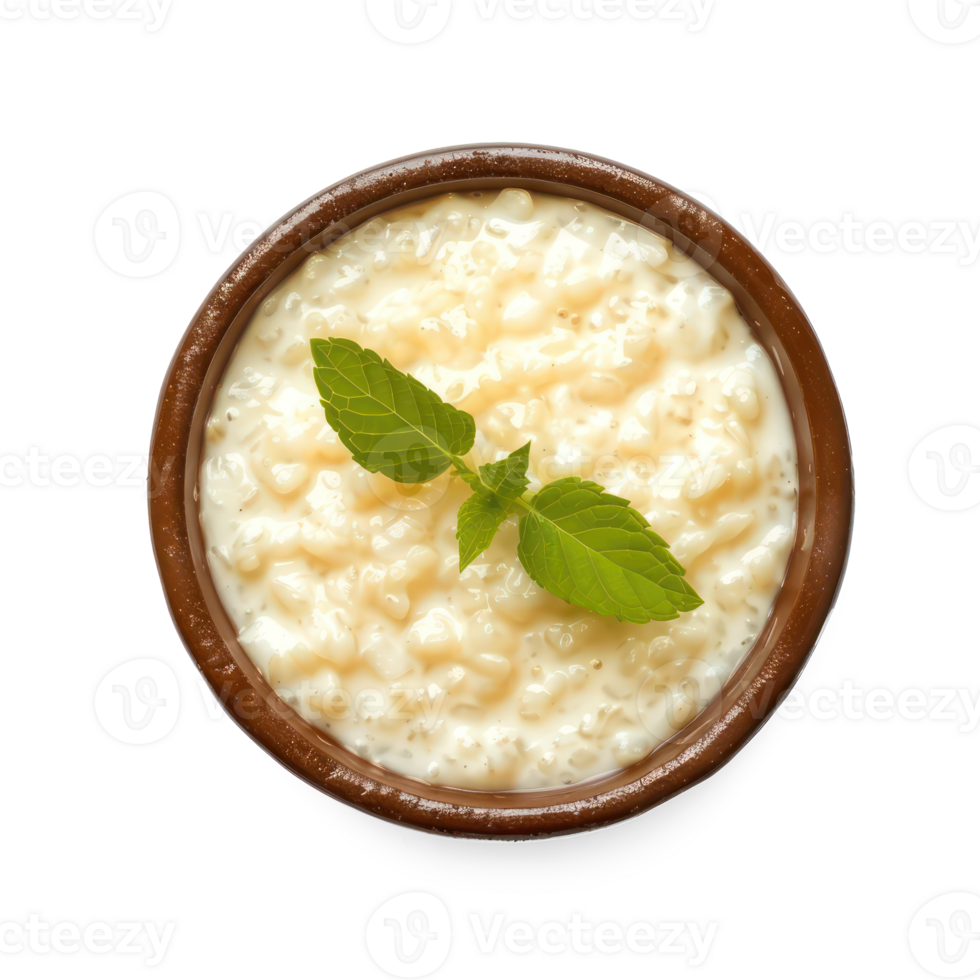 rice pudding in a bowl with a leaf on a transparent background png