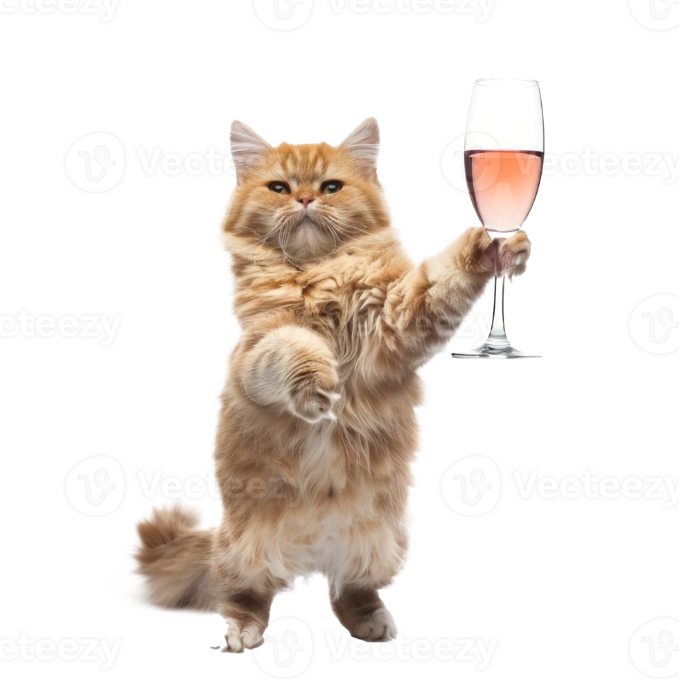 Cat holding wine glass full body standing isolate on transparent background png