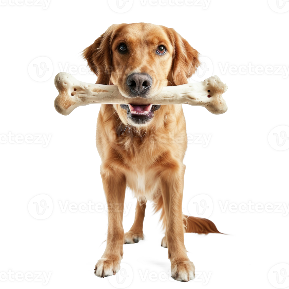 Dog holding big white bone with his mouth, full body standing isolate on transparent background png