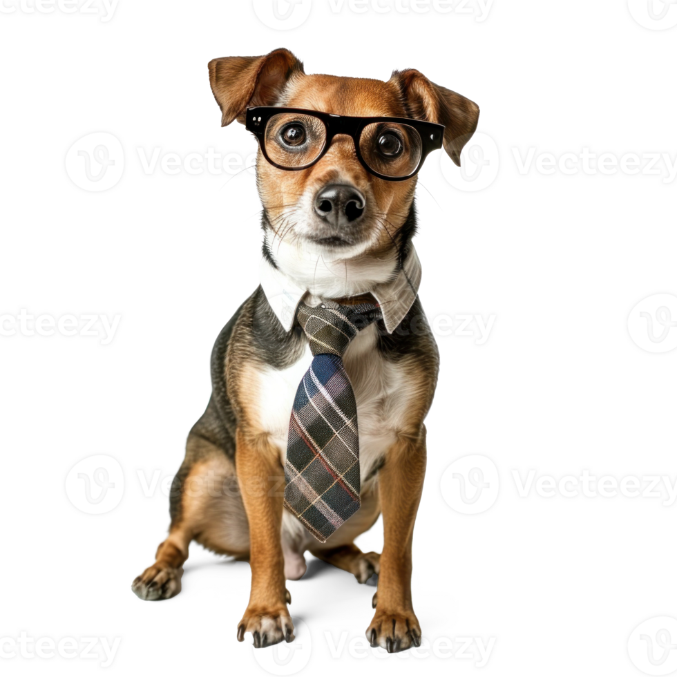 dog wearing glasses and tie, full body standing isolate on transparent background, png
