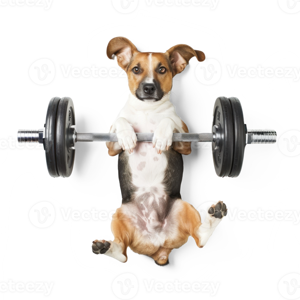 dog doing and exercising sport with Dumbbell bar, top view full body isolate on transparent background png