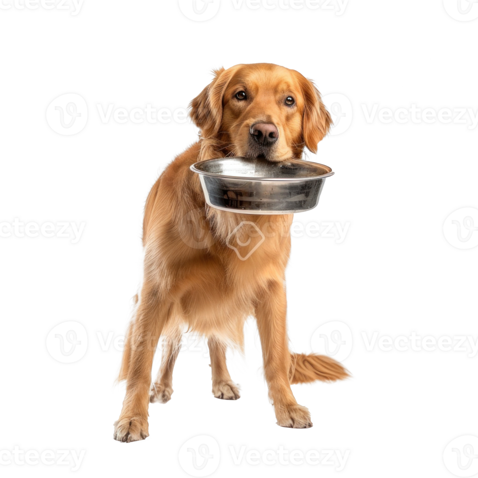 Dog holding food bowl with his mouth, full body standing isolate on transparent background png