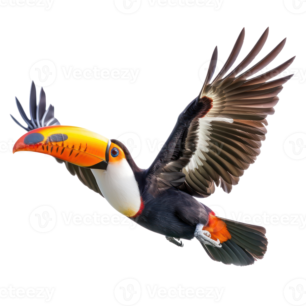 Toucan bird fly full body isolate on transparent background, png