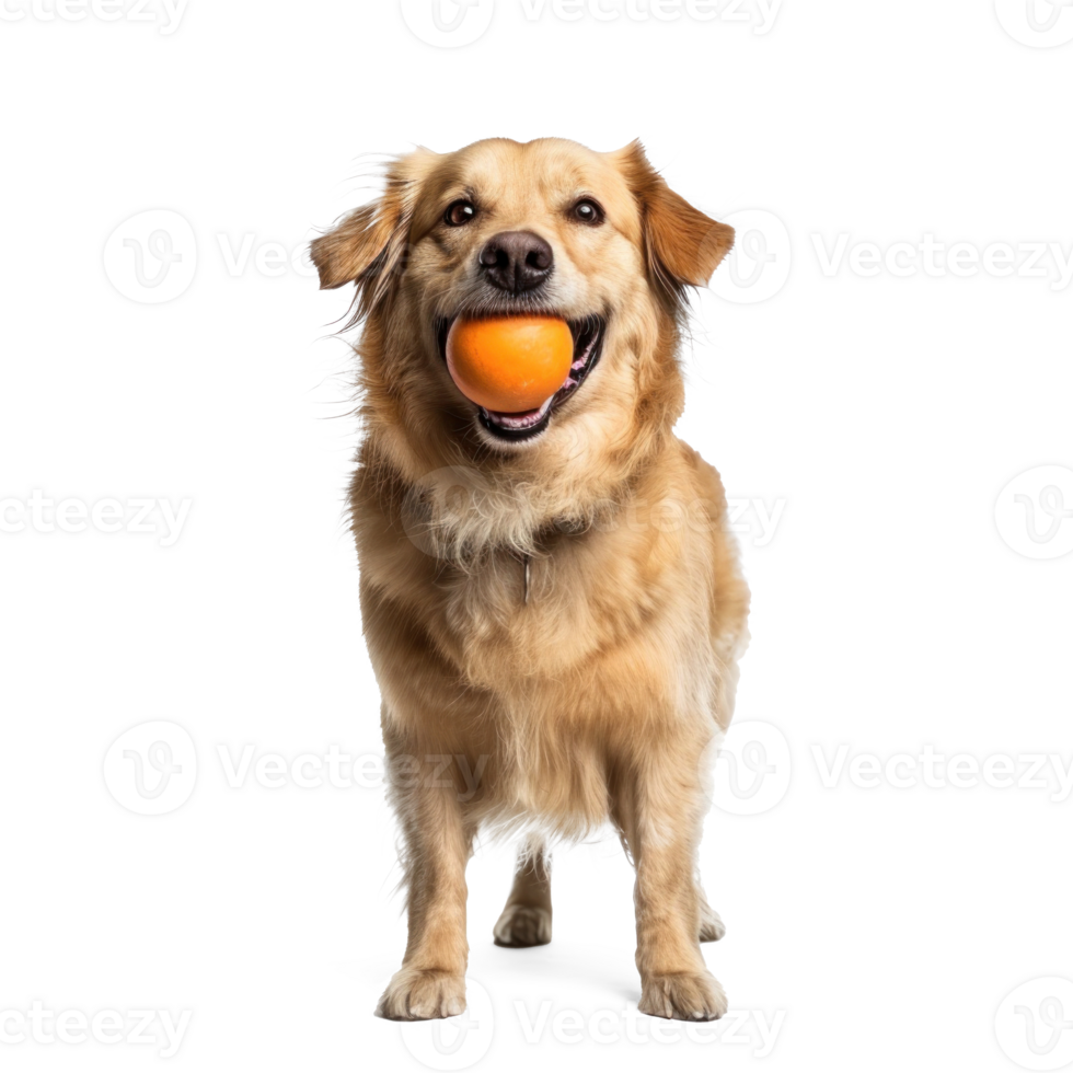 Dog holding a ball in the mouth full body standing isolate on transparent background png