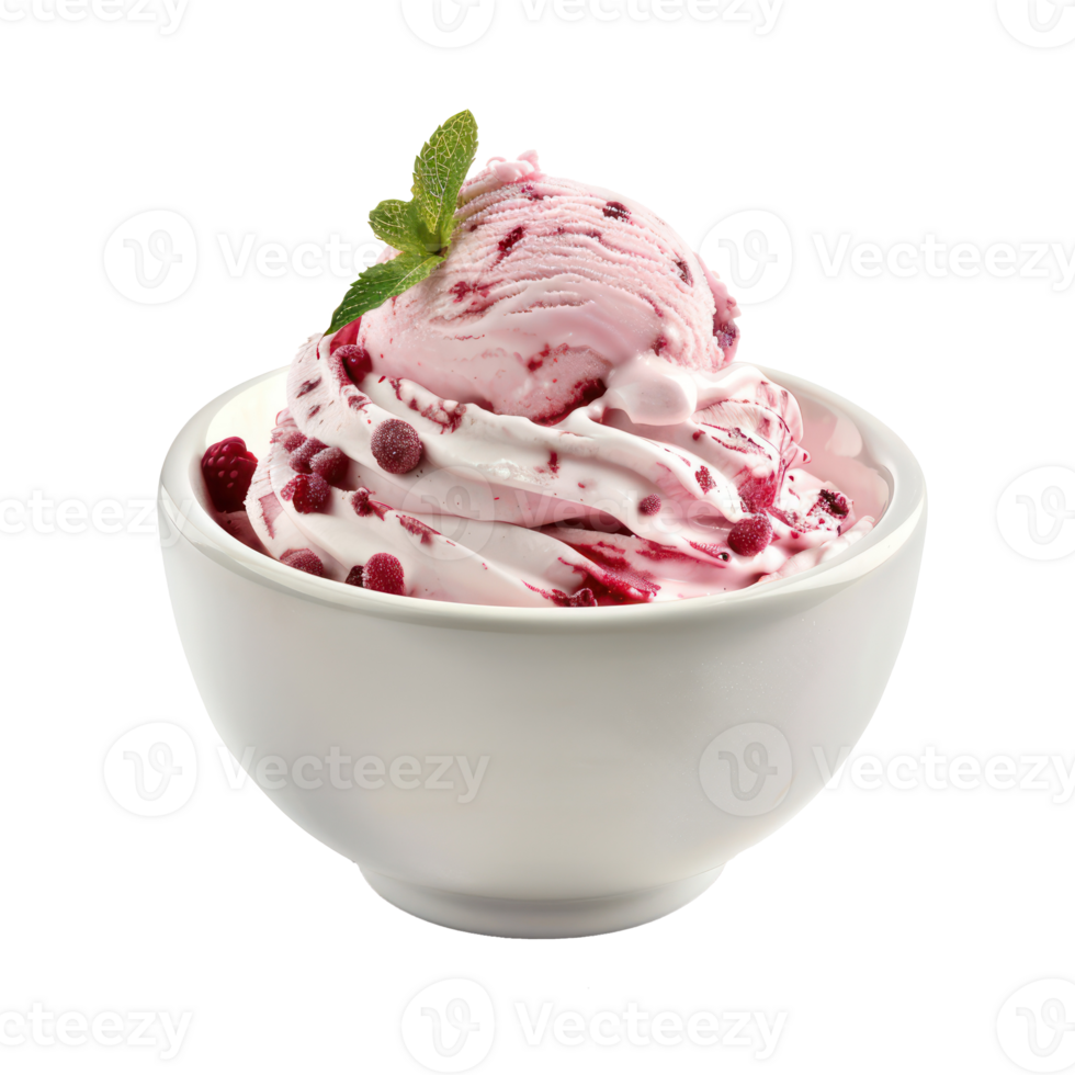 ice cream with berries and mint leaves in a bowl png