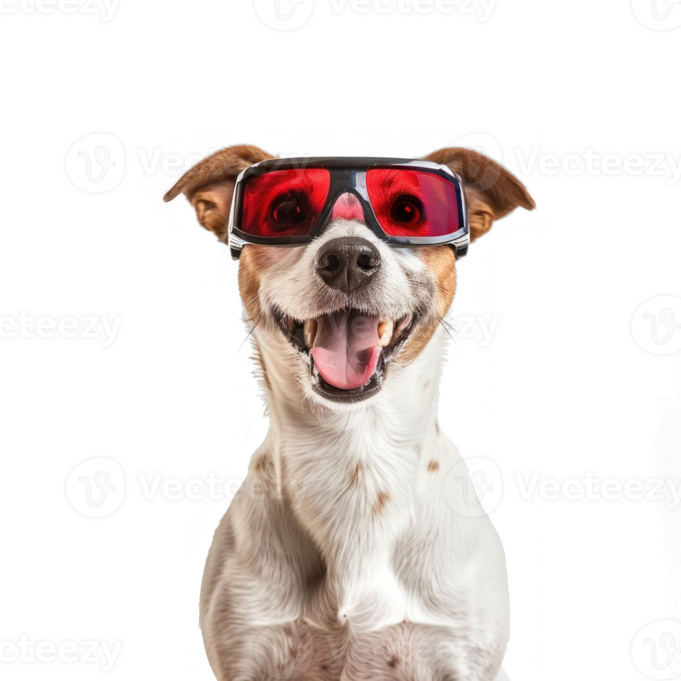 Smiling dog wearing 3d glasses movie cinema, standing full body isolate on transparent background, png