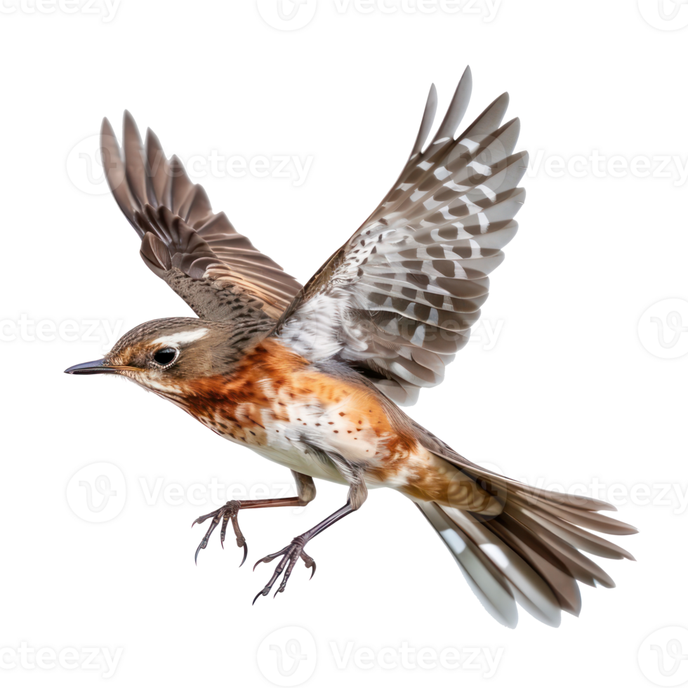 Thrush bird fly full body isolate on transparent background, png
