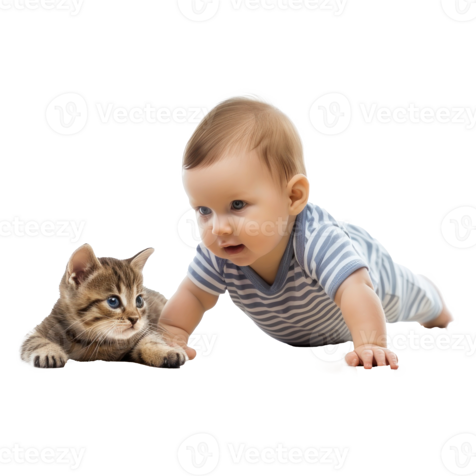 little baby boy lays on his stomach crawling on the floor beside puppy cat isolate on transparent background png