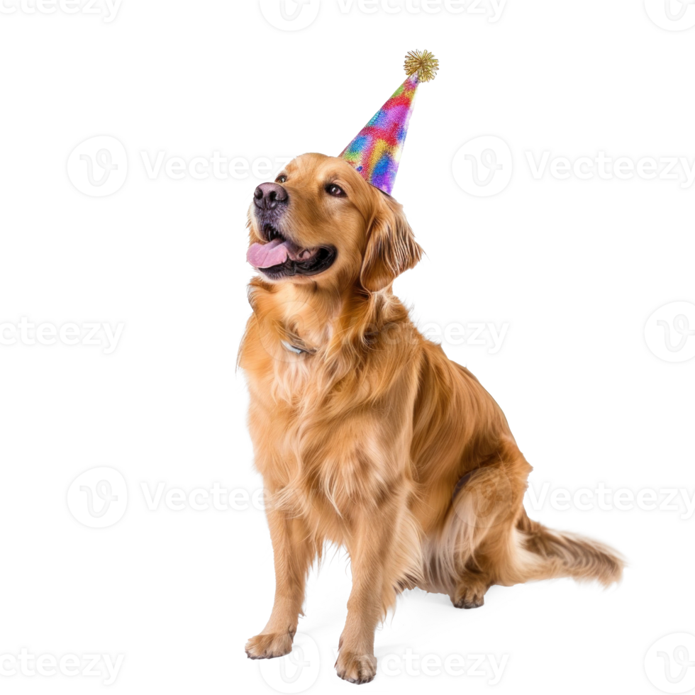 Dog wearing birthday cap, full body standing isolate on transparent background png