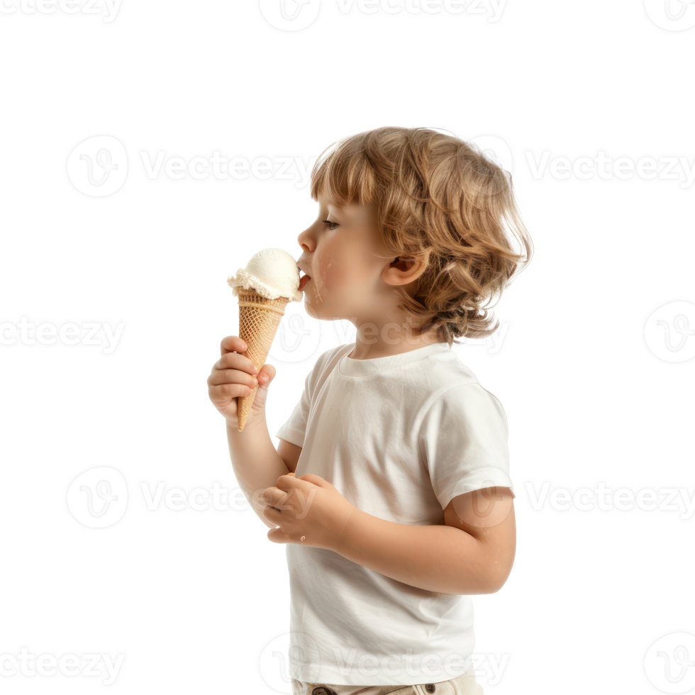 a little boy eating an ice cream cone on a transparent background png