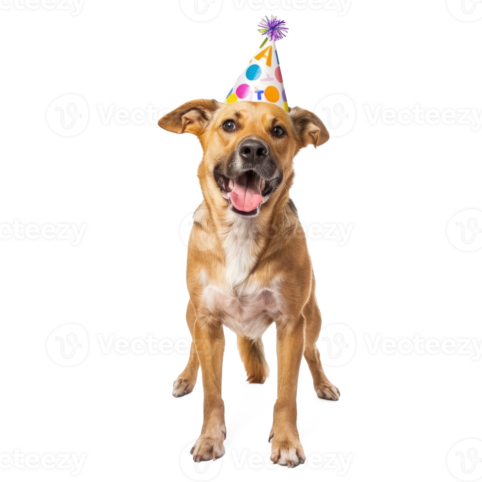 Dog wearing birthday cap, full body standing isolate on transparent background png
