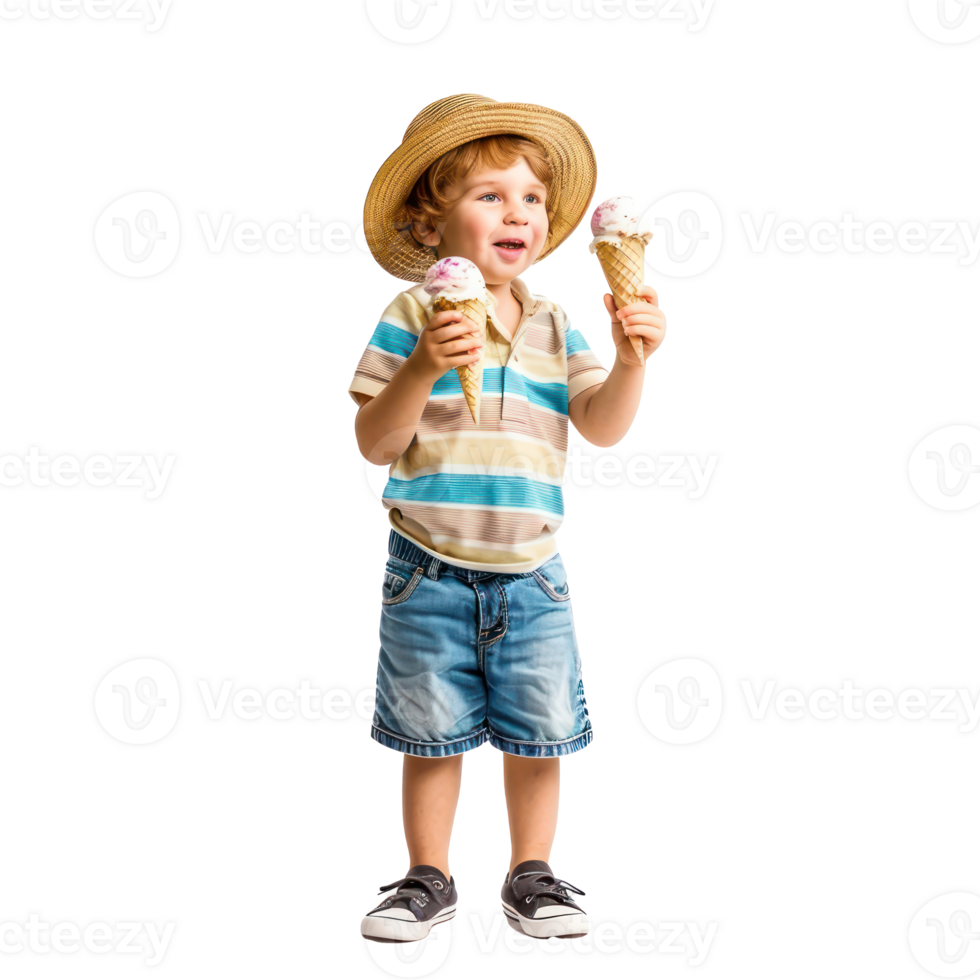 a little boy in a hat holding an ice cream cone png