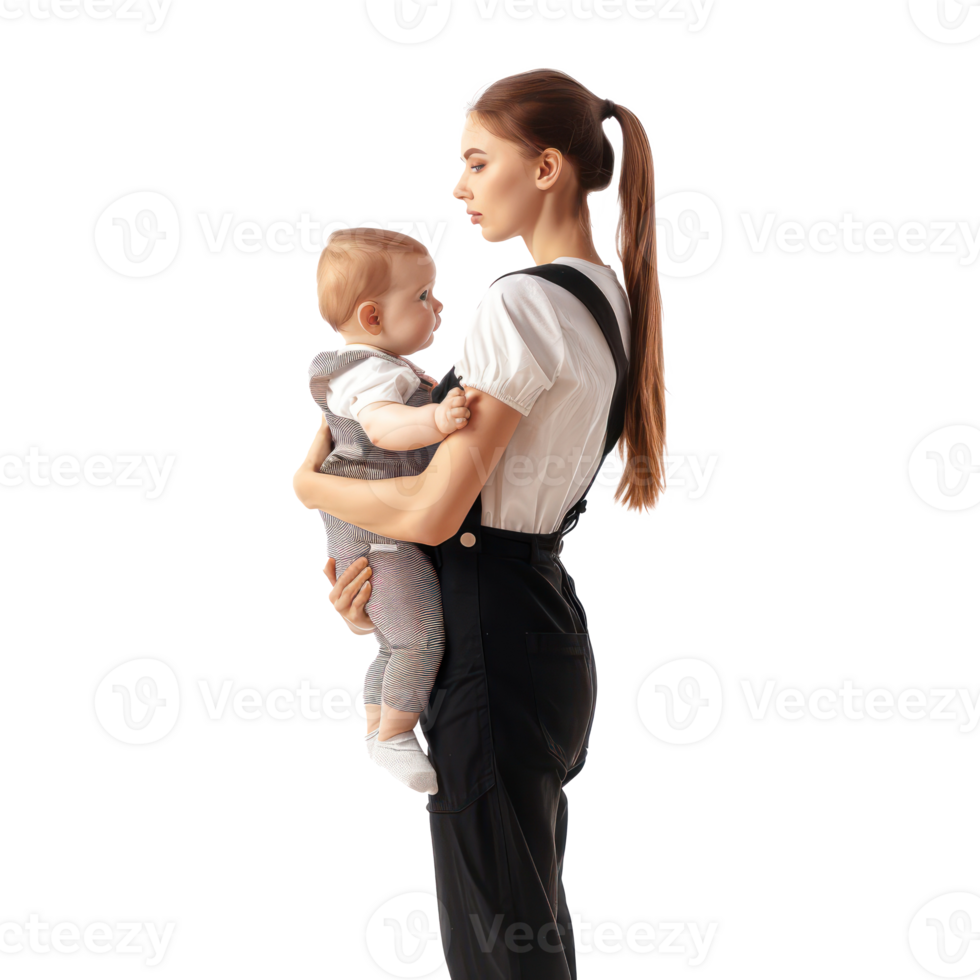 a woman holding a baby in a carrier isolate on transparent background png