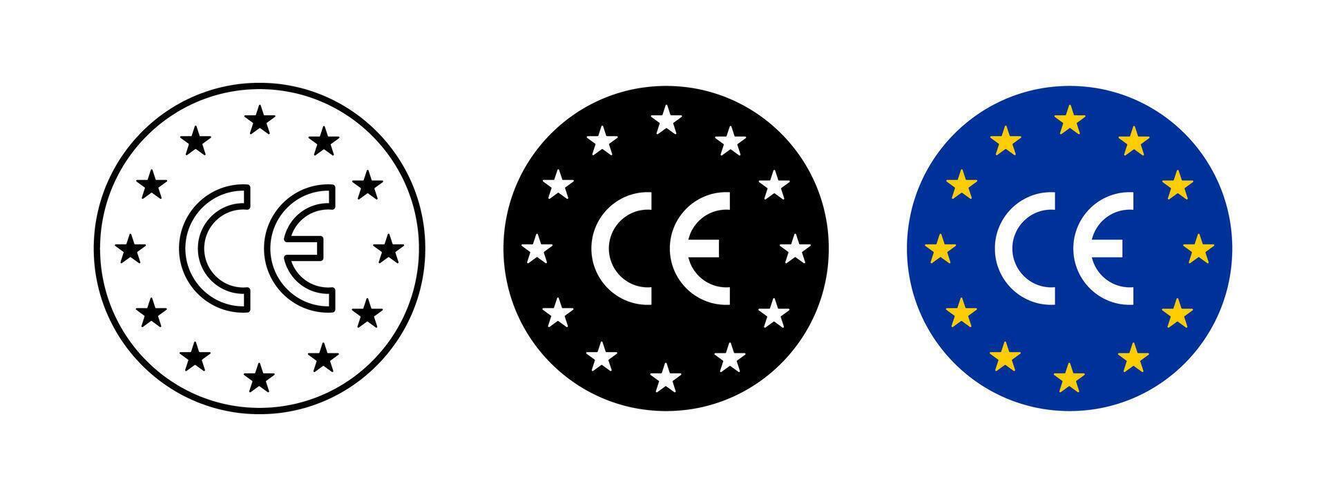 Made in EU CE mark product label. CE icon. European Union import symbol. EU quality certificate illustration. European Compliance emblem. Cardboard box CE sticker with stars rounded concept. vector