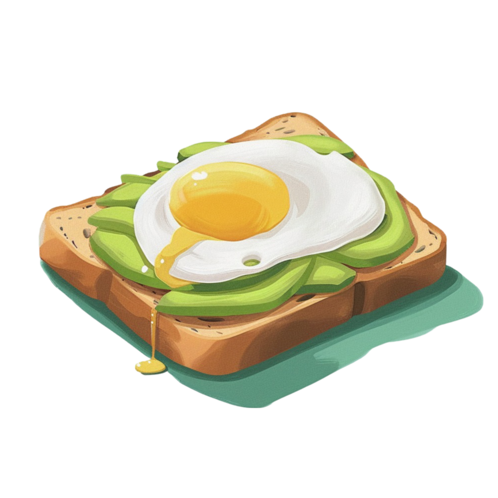 Cute Cartoon Style Toast Topped with Creamy Avocado and Fried Egg png