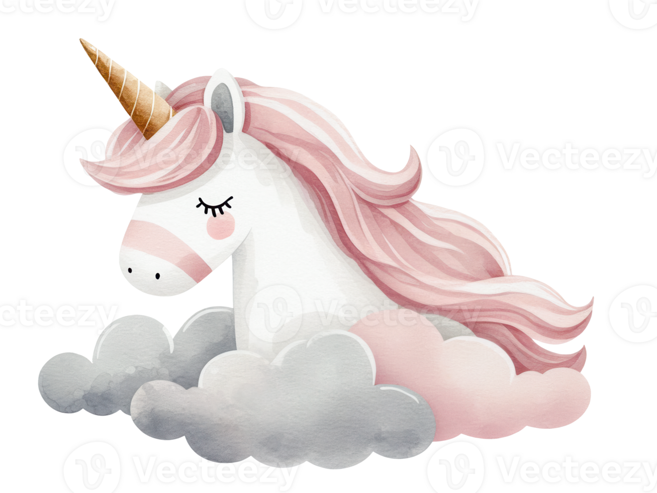 A unicorn with pink hair and a cloud background png