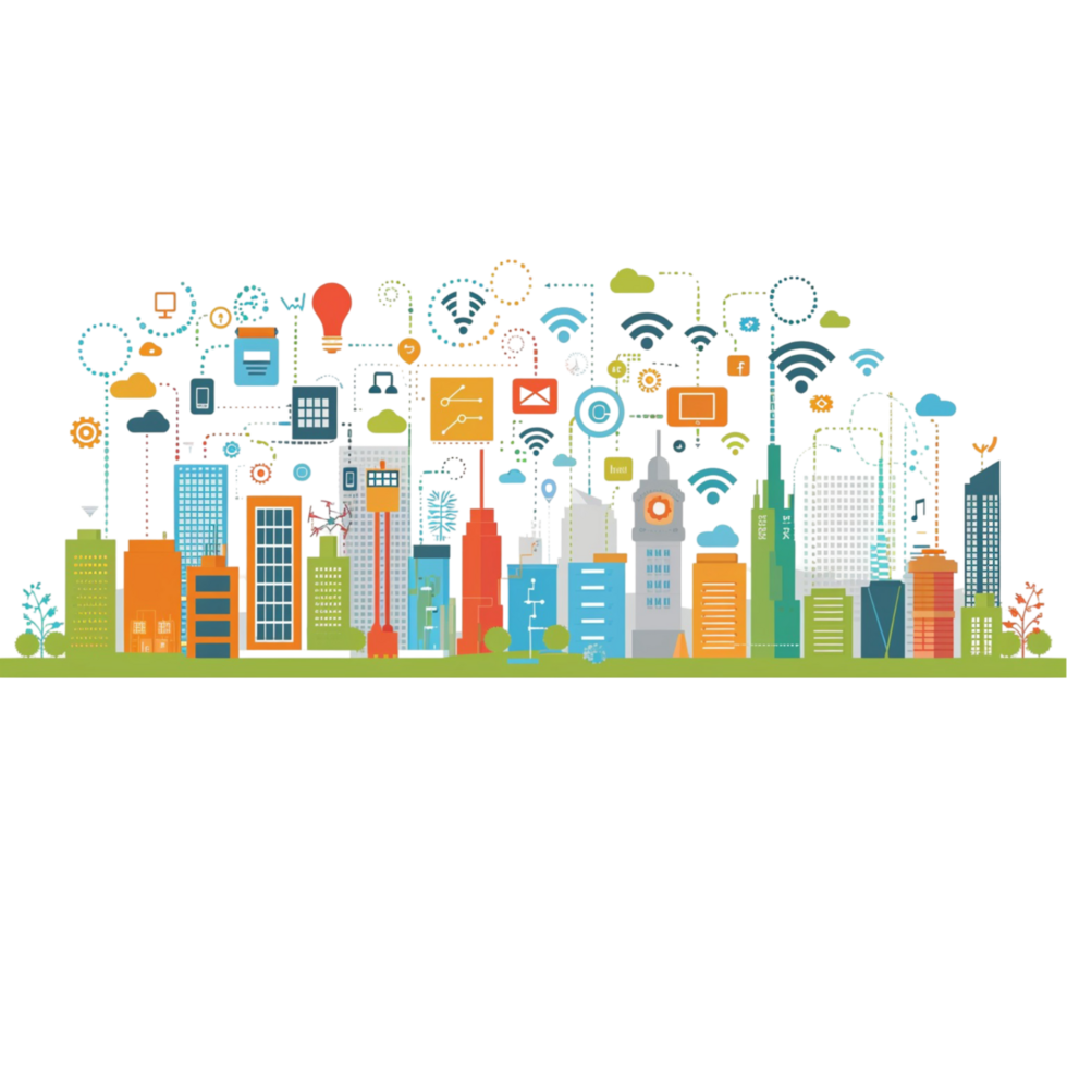 Abstract Illustration of a Bright and Colorful City with Icons and Highlights png