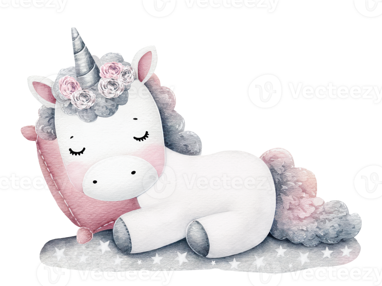 A cute unicorn is sleeping on a pillow png