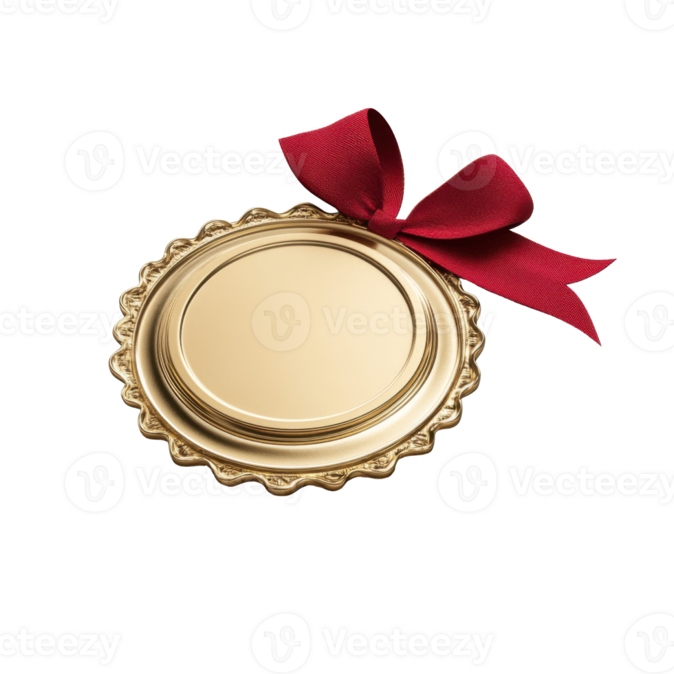 Gold medal with a red ribbon on white background, symbol of achievement and honor png