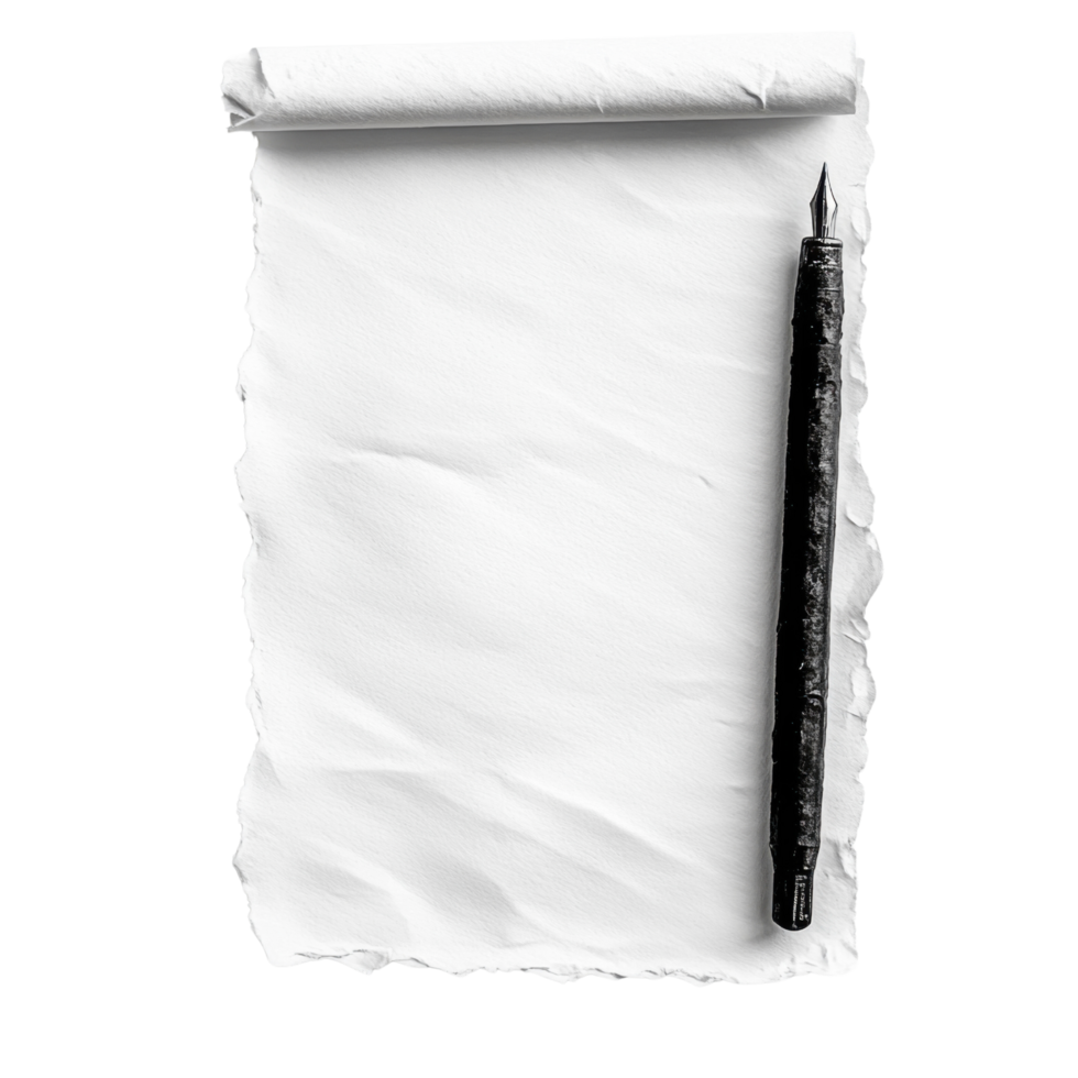 Torn paper scroll with fountain pen on a white background concept of writing and creativity png