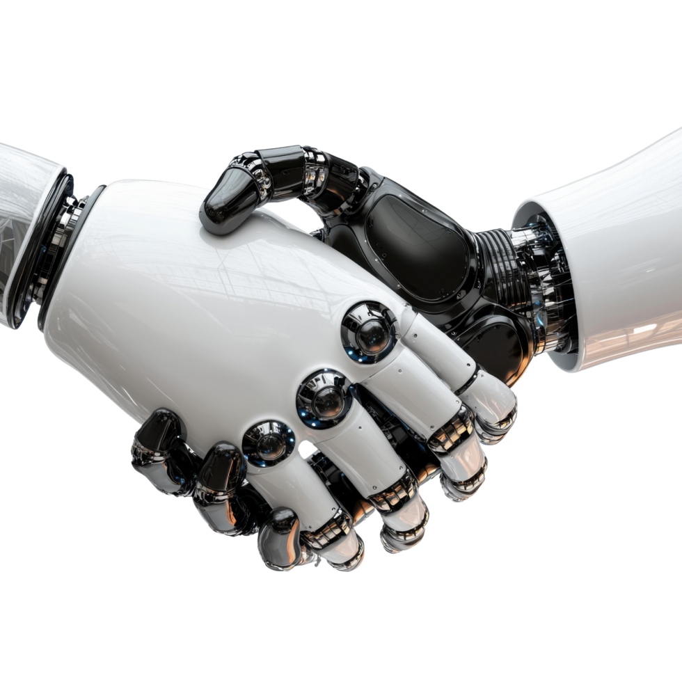 Two futuristic robotic hands shaking in a display of technology and cooperation png