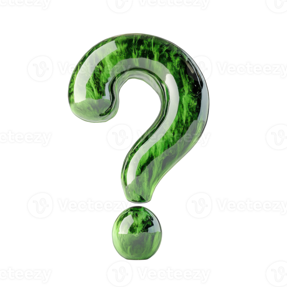 Abstract green glass question mark against a white background symbolizing curiosity and inquiry png