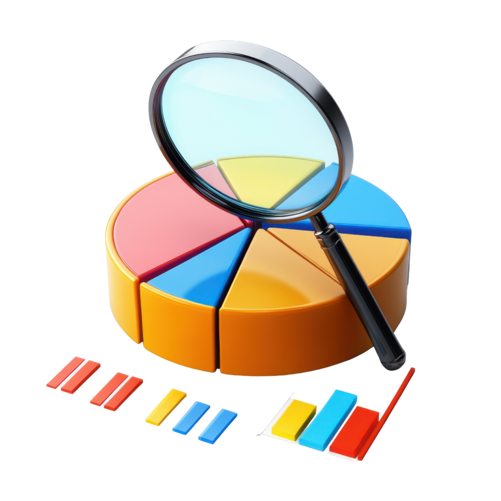 Business pie chart with magnifying glass analyzing data visualization trends and statistics png