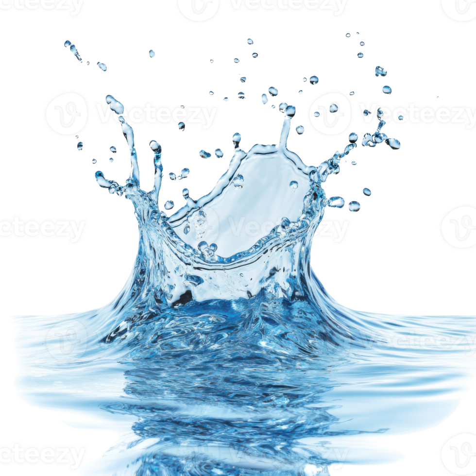 Clear blue water splash against white background, motion captured mid-air, isolated design concept png