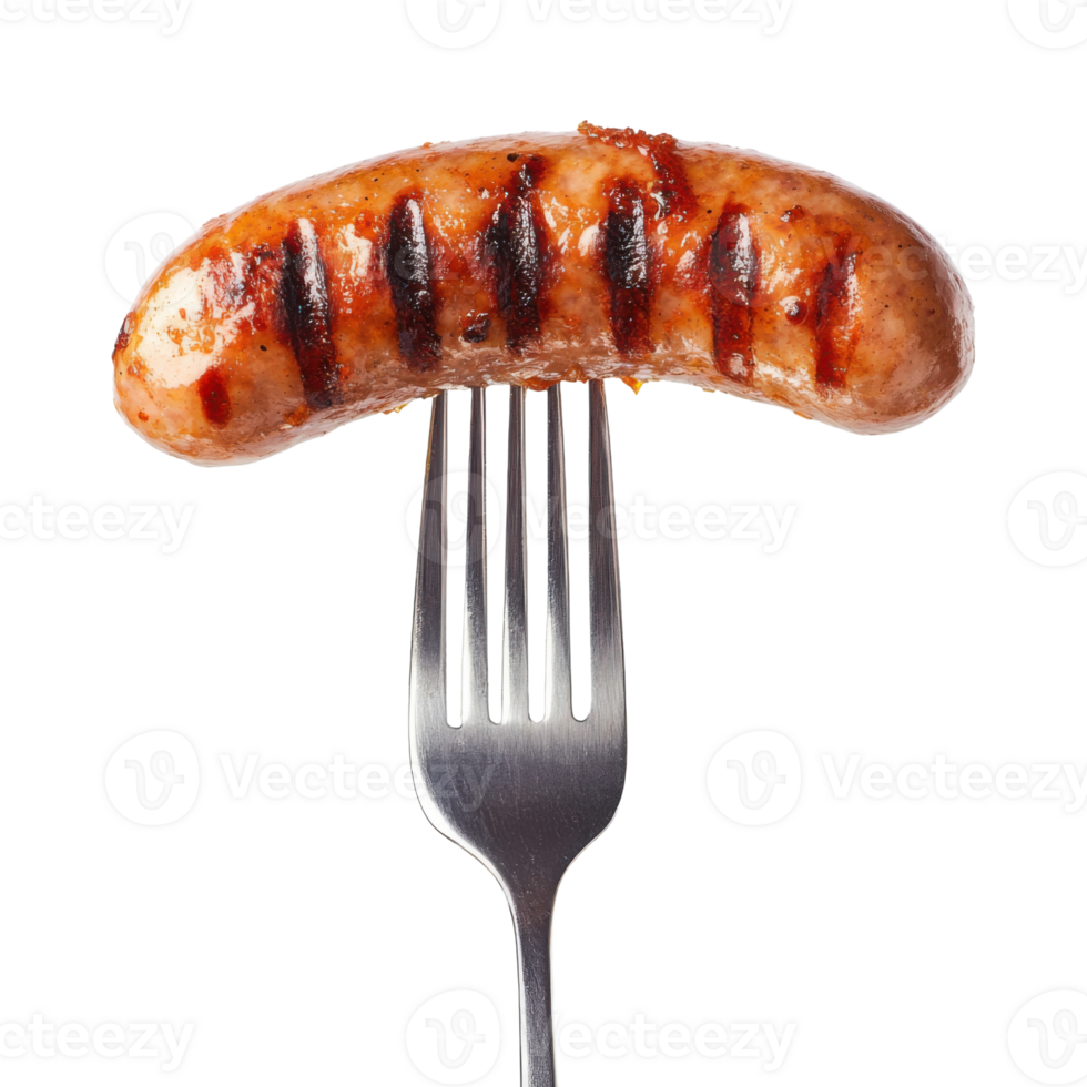 Grilled sausage on fork with char marks in studio setting png