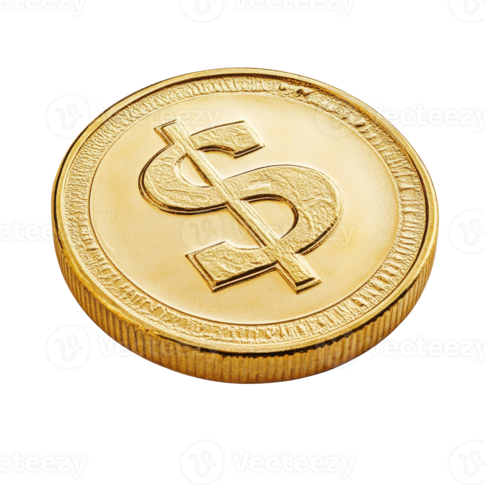 Shiny gold coin with embossed dollar symbol on white background png