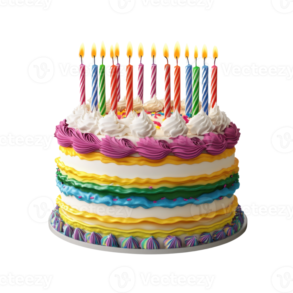 Vibrant birthday cake with lit candles and colorful frosting layers on white background png
