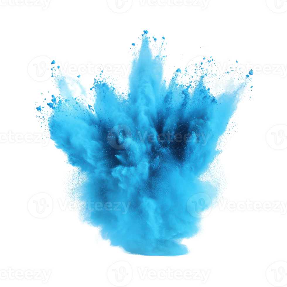 Vibrant explosion of bright blue powder creating abstract shape on white background png