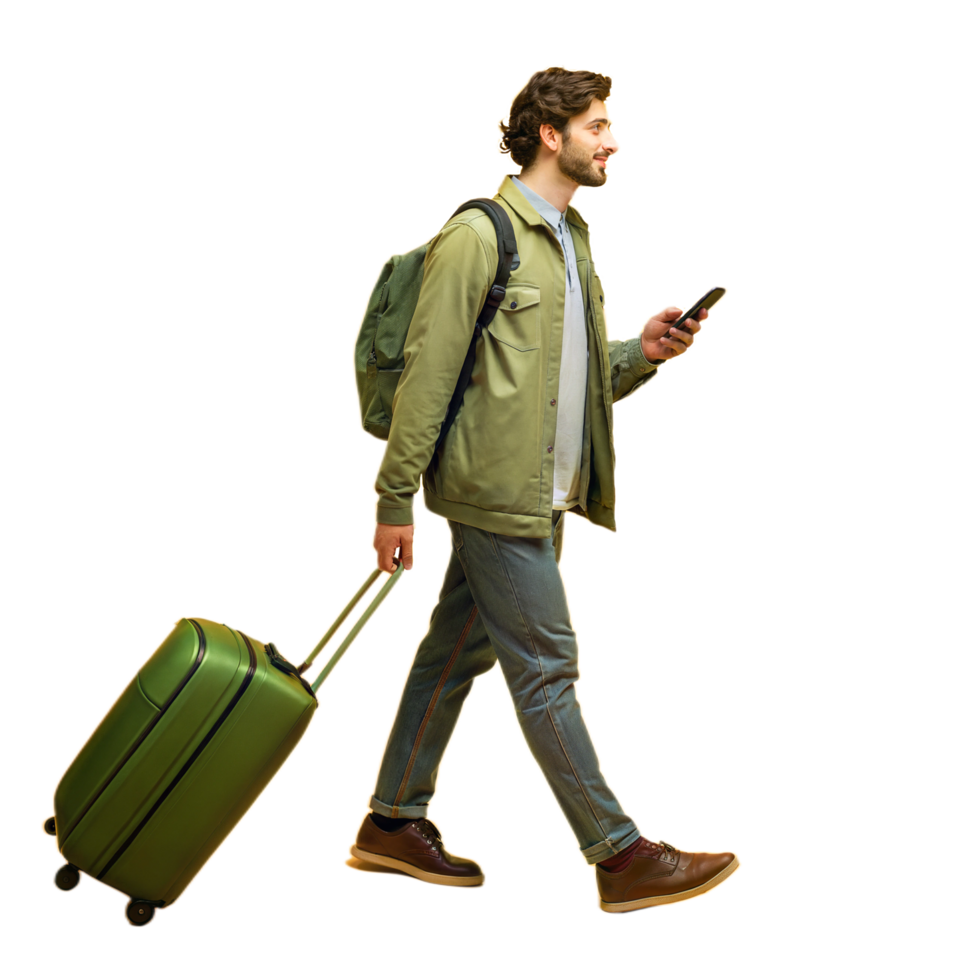 Man traveling, walking trough station, holding phone and baggage, travel concept, transparent background, passenger png