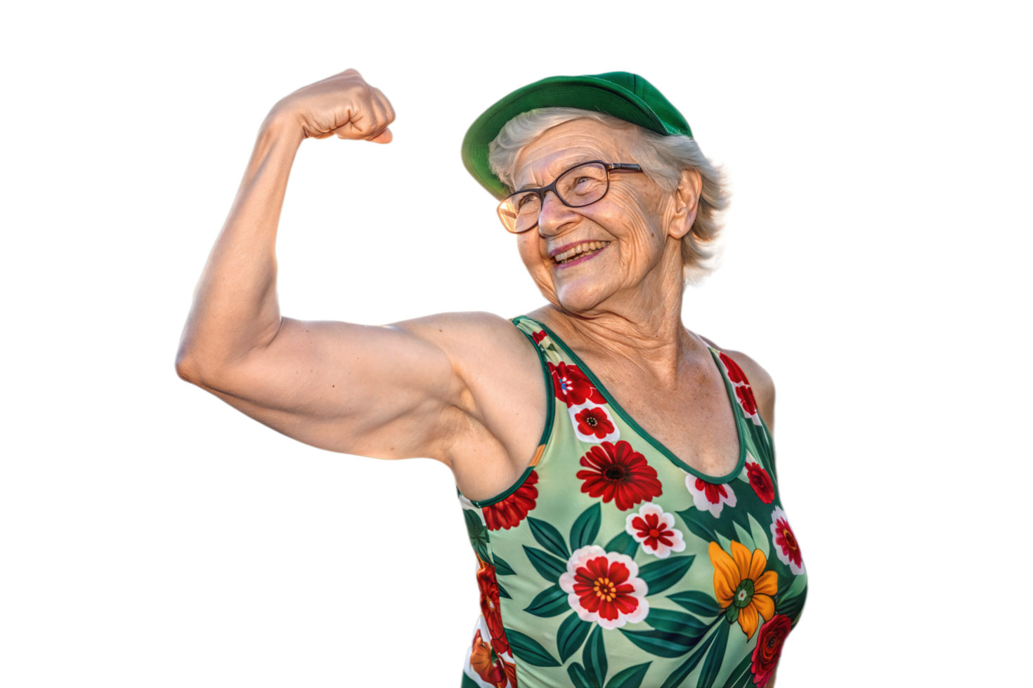Beautiful fit elderly woman flexing her biceps, active seniors, isolated on transparent background png