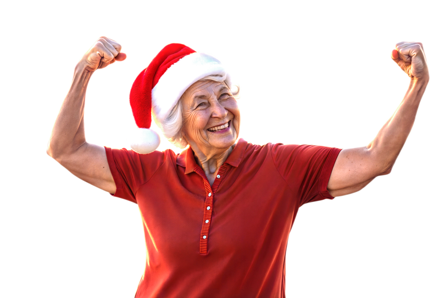 Portrait of beautiful fit elderly woman flexing her biceps, active seniors, isolated on transparent background png