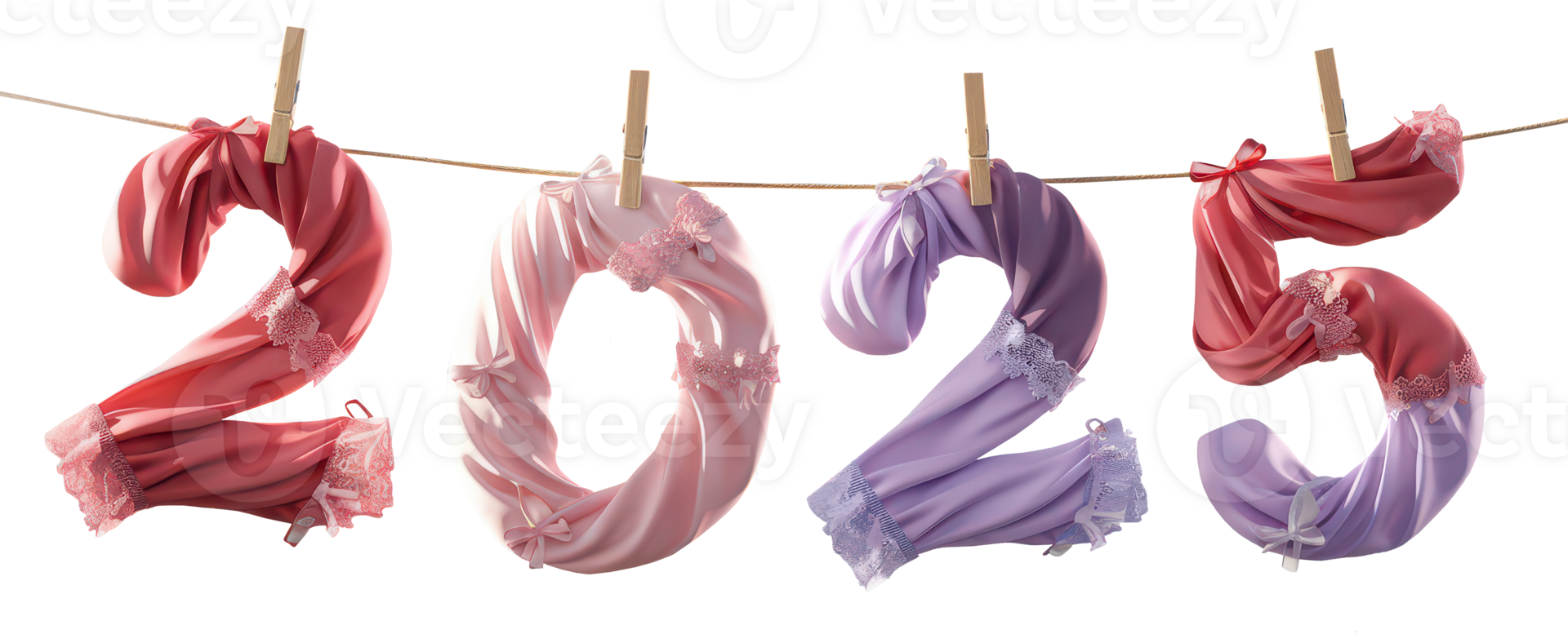 A string of clothes hanging on a clothesline with the numbers 2025 written in pink and purple. png