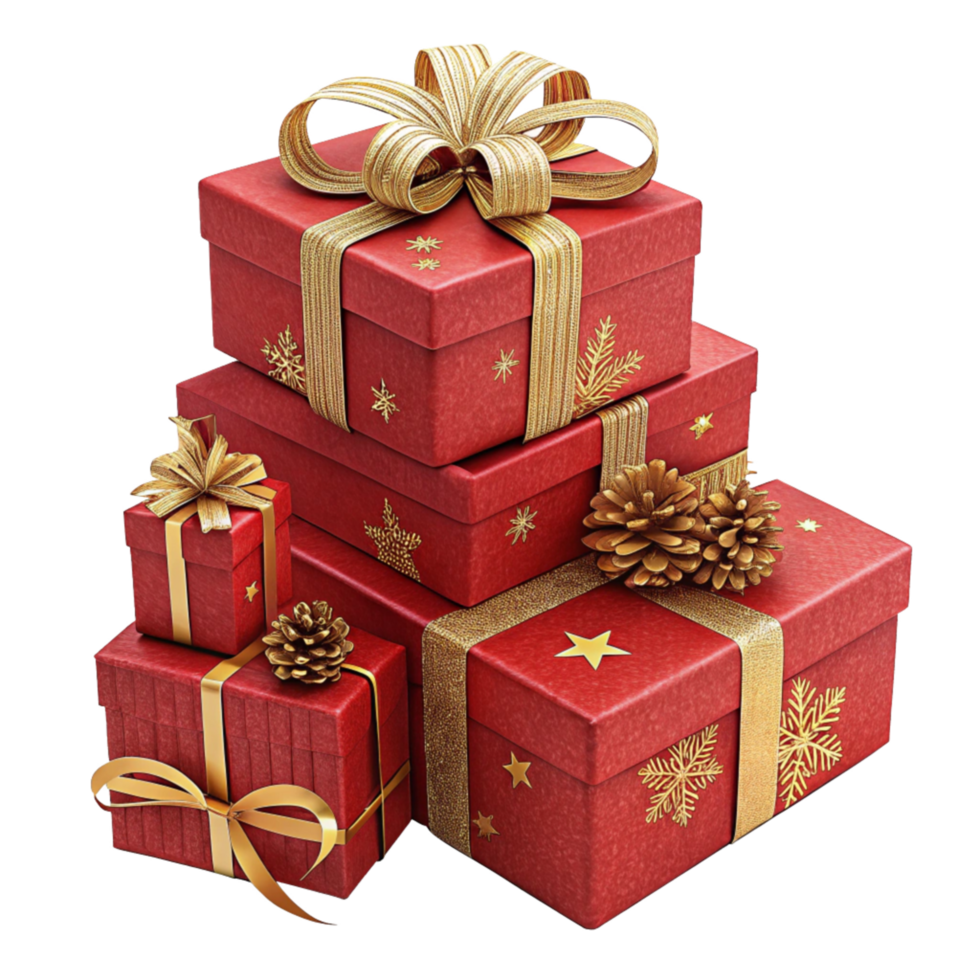 Stacked Red Christmas Gift Box with Golden Bow Transparent Background png