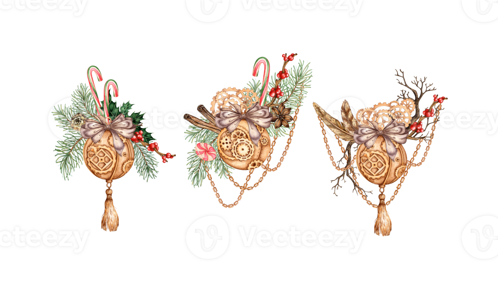 Metal Christmas ball in steampunk style made of gears, fir branches, cinnamon, caramel and brown bow, chains watercolor illustration. Mechanical souvenir in techno style. Set isolated from background. png