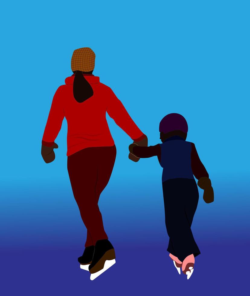 Illustration design of mother holding hands to train her daughter to play ice skating, blue gradient background, isolated on white background vector